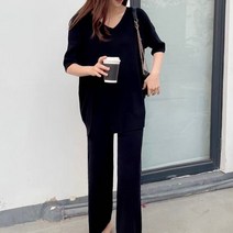 페이퍼먼츠 루즈핏 브이넥 트임 티셔츠 와이드 팬츠 투피스 세트 01845
