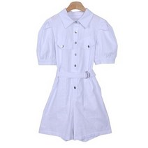 시크블랙 너큰락 버튼 카라 포켓 퍼프 반팔 점프수트 PT9944K25