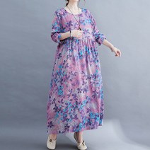 아뗄릭 라벤더 리프 라운드넥 긴팔 루즈핏 맥시 롱 원피스 01216