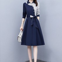 아뗄릭 스트라이프 배색 카라 허리 벨티드 플레어 미디 원피스 01238