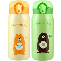 해피베어 원터치 보온보냉병 350ml x 2종 세트, 옐로우, 그린