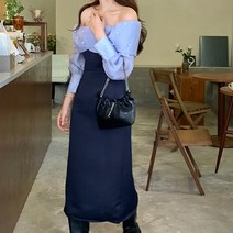 비비에모 배색 오프숄더 진주 슬림핏 긴팔 롱 원피스 01860