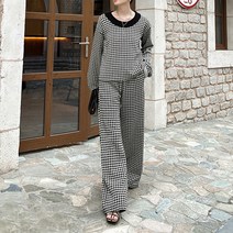 비비에모 체크하운드 배색 루즈핏 티셔츠 와이드 밴딩 팬츠 투피스 세트 01981