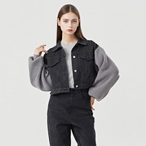 비엔엑스 여성용 데일리 소매 니트 배색 데님 크롭 자켓 BU3JK020L0