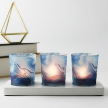 하로아 북유럽풍 로맨틱 티라이트캔들 홀더 컵 5.5cm 3p + 트레이 22 x 8 x 2 cm 세트 300g, 스카이블루(홀더컵)