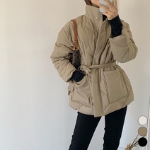 비비에모 여성용 터틀넥 빅 더블 포켓 퀄팅 미디 패딩 자켓 02304