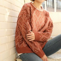 빼빼 여성용 촘촘 아가일패턴 라운드넥 도톰 니트