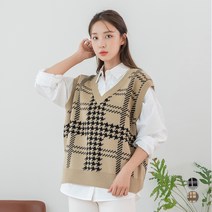 캐럿 여성용 체크 루즈핏 브이넥 조끼 니트