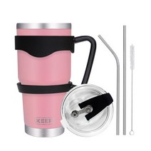 4YOU KEEP 대용량 스테인레스 보온보냉 텀블러 + 밀폐형 빨대 뚜껑 + 더블라인 손잡이 + 빨대 세척솔, 핑크, 900ml