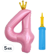 제이벌룬 은박 왕관 숫자풍선 대 4 + 손펌프세트, 핑크(풍선), 블루(손펌프), 5세트