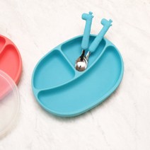 에디슨 스스로 흡착 식판 + 기린 실리콘 스푼 포크 세트, 바이킹 블루, 식판 + 뚜껑 + 스푼 + 포크