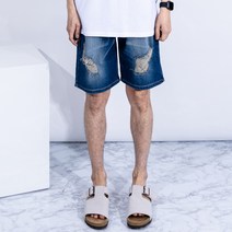 남성용 더간지 캐주얼 밴딩 디스트로이드 청반바지