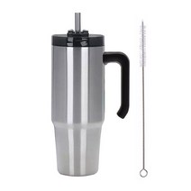 파스텔 스텐 보온 보냉 빨대 텀블러 + 빨대 청소솔, 900ml, 실버