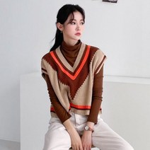 츄즈츄즈 여성용 루즈핏 배색 미니 크롭 브이넥 니트조끼