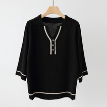 제니트 여성용 기본핏 칼라넥 데일리룩 반오픈 버튼 7부소매 니트 엘프배색넥 n1892