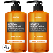 쿤달 퓨어 바디워시 바디클렌저 핑크그레이프프룻향, 1058ml, 4개