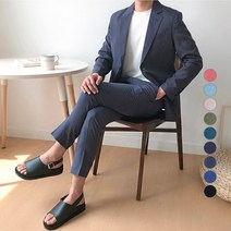 언탭트 남성용 썸머 린넨 투버튼 캐주얼 수트 자켓 + 긴바지 세트