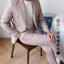 언탭트 남성용 썸머 린넨 투버튼 캐주얼 수트 자켓 + 긴바지 세트