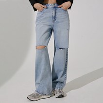 미쏘 여성용 밑단 옆슬릿 구제 롱와이드핏 데님