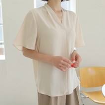 빼빼 여성용 브이넥 플레어소매 슬릿 반팔 블라우스