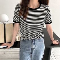 유니제이 여성용 드븐 라운드 스트라이프 반팔 티셔츠