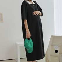 쿨쿠 임산부 배색 카라 반팔 롱 원피스