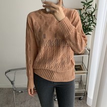 오오엘 여성용 스카시 비즈 펀칭 라운드 니트