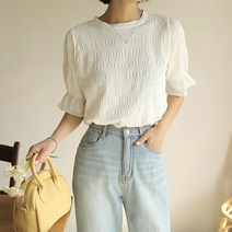 빼빼 여성용 엠보느낌 셔링 프릴 반팔 블라우스