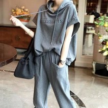구디프 여성용 스트링 반팔 후드 티셔츠 + 스웻팬츠 세트