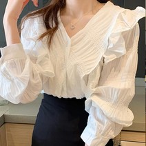 페이퍼먼츠 여성용 프릴 브이넥 하객룩 긴팔 블라우스 13722