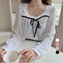 에비뉴비 여성용 스퀘어넥 리본 퍼프 블라우스