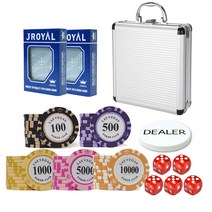 후니갬블 라스베가스 클레이칩 100p + 알루미늄 케이스 + 로얄카드 2p + 딜러칩 + 주사위 5p + 열쇠 2p 세트, 실버(케이스), 투명(주사위)