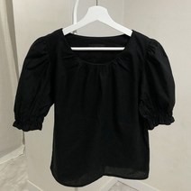 라운드넥 퍼프 코튼 반팔 블라우스