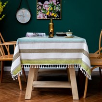 라플렌느 북유럽 스타일 린넨 스트라이프 테이블 식탁보, 그린, 140 x 220 cm