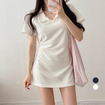 밀키버터 여성용 PK 오픈카라 스트랩 반팔 미니 원피스