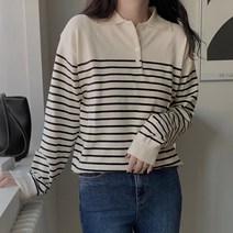 로렌하이 여성용 앨런 포니 스트라이프 카라 버튼 니트