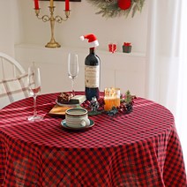 까사베르데 크리스마스 해피 위시 체크 양면 사각 식탁보, 8인(130 x 220 cm), 레드