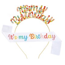 [성장사진머리띠] 이자벨홈 레인보우 it's my birthday 생일파티 어깨끈 머리띠 세트, 레인보우큐빅, 1세트