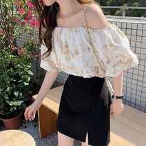묘먀미 여성용 나염프린팅 끈나시 오프숄더 블라우스