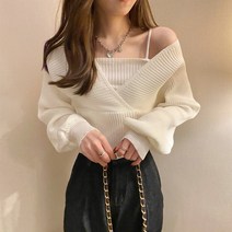 피어니스트 여성용 크롭 골지 어깨끈 니트 티셔츠