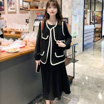 임산부 조끼 + 주름 긴팔 임부복 롱 투피스