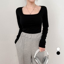밀키버터 여성용 기모 스퀘어 긴팔 티셔츠