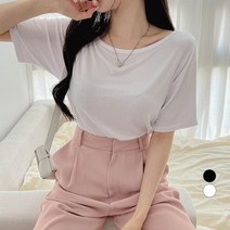 밀키버터 여성용 찰랑 레이온 루즈핏 보트넥 반팔 티셔츠