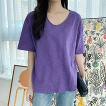 여성용 V넥 무지 라운드 반팔 티셔츠 T8927K22