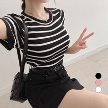 밀키버터 여성용 단가라 골지 반팔 니트