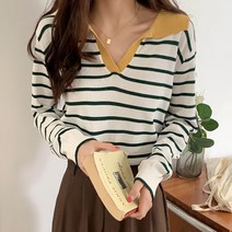 메이첼 여성용 오픈 브이넥 스트라이프 긴팔 니트 티셔츠 00156