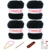 행복뜨기 스마트울 털실 뜨개실 4p + 대바늘 6mm + 돗바늘 + 가죽라벨 + 목도리도안, 2813 검정, 1세트