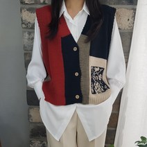 상상그이상 여성용 빈티지 4도 배색 조끼 가디건 부드러운 필수 블라우스 코디세트 도톰한 부드러운 레이온소재 오픈형 베스트 사이즈좋은 브이넥 레이어드 가벼운 조끼세트