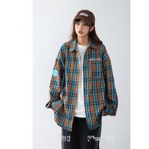 AZLAN 박시한 커플룩 핑크 체크셔츠 영문 로고자수 루즈핏 그린 체크남방