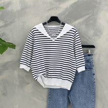[행복여] 로렌 오픈 브이넥 세라 카라 5부 반팔 니트